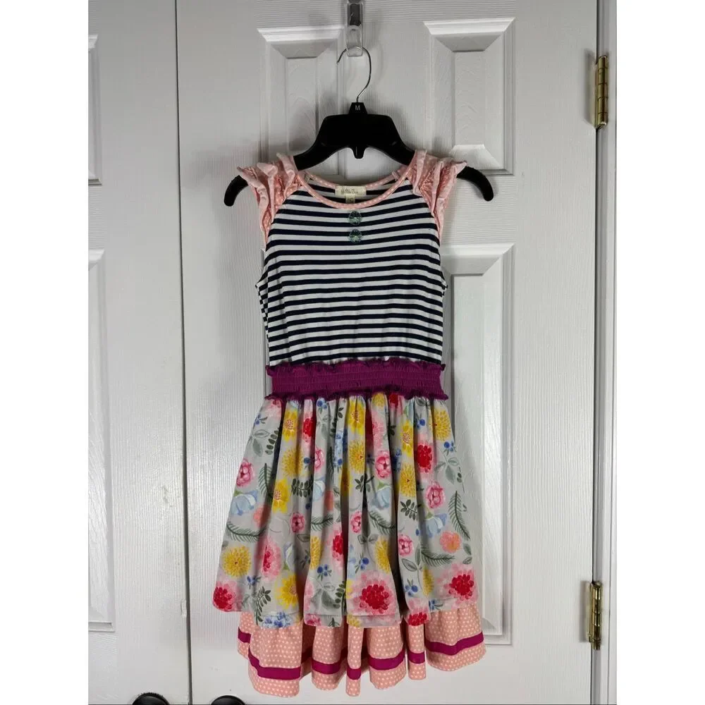 Matilda Jane Girls Gummi Fruits Happy And Free Floral Striped Twirl Dress Size 8